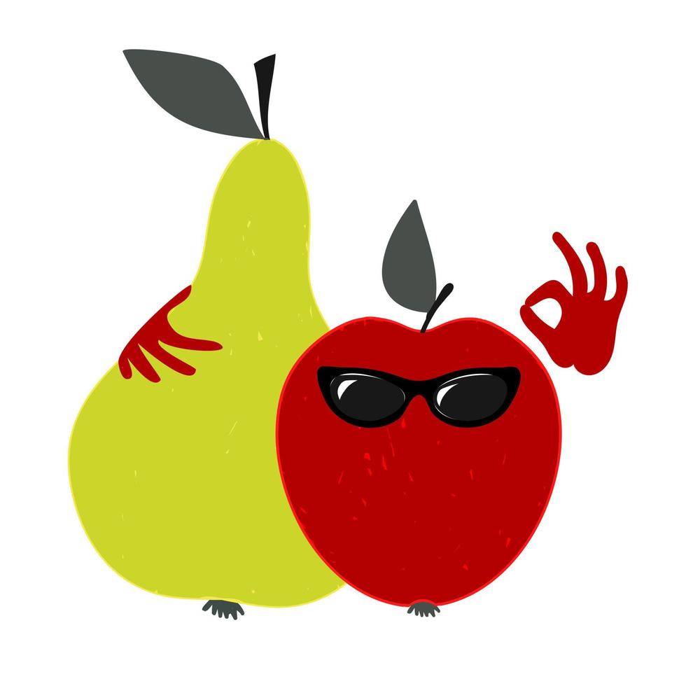 Pera con occhiali da sole abbracci mela.vettore illustrazione con vero frutta. vettore