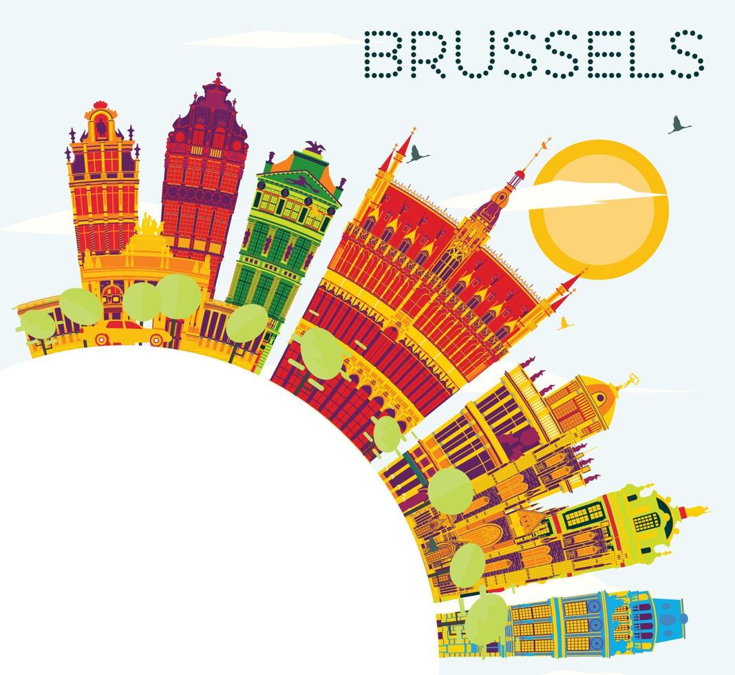 Bruxelles orizzonte con colore edifici, blu cielo e copia spazio. vettore