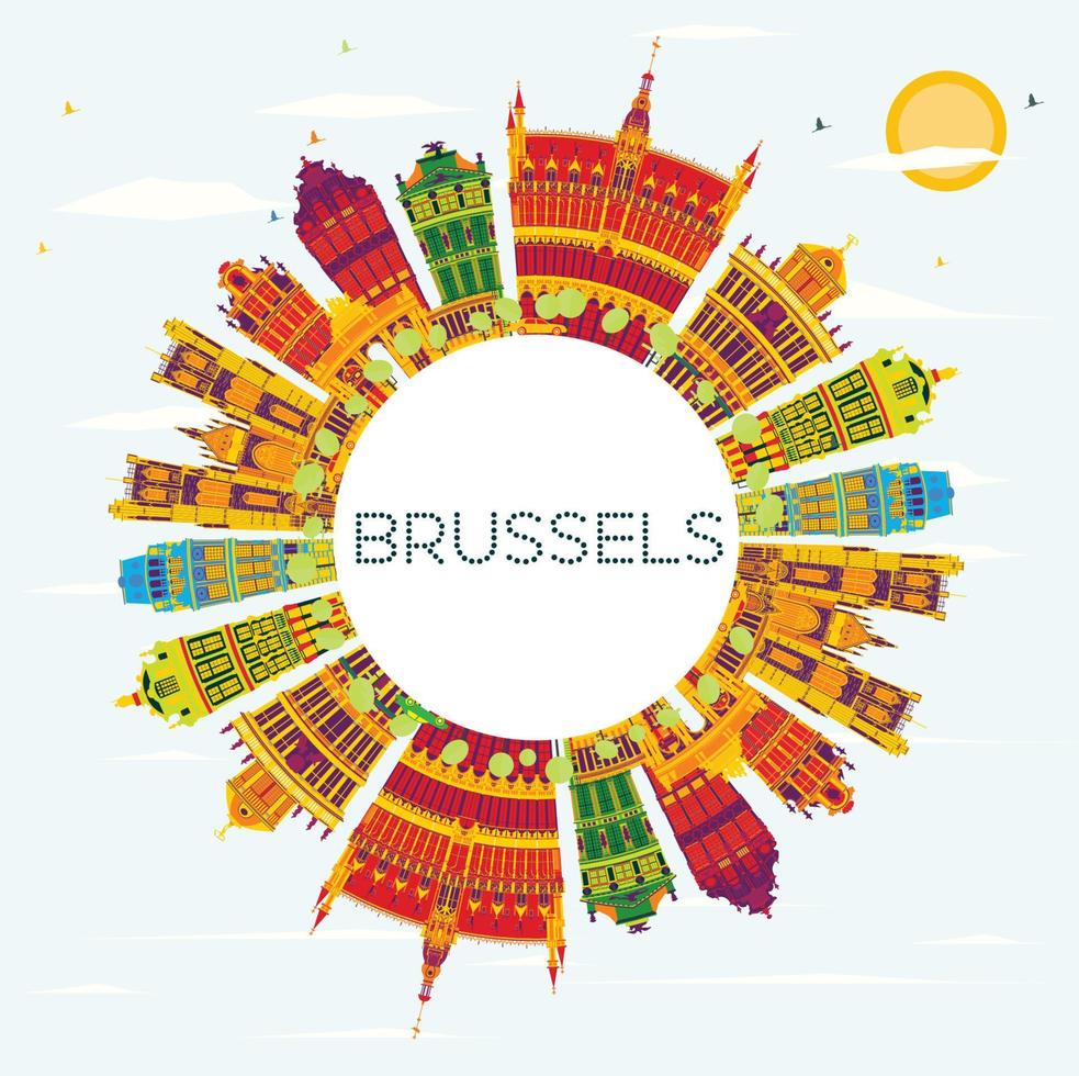 Bruxelles orizzonte con colore edifici, blu cielo e copia spazio. vettore