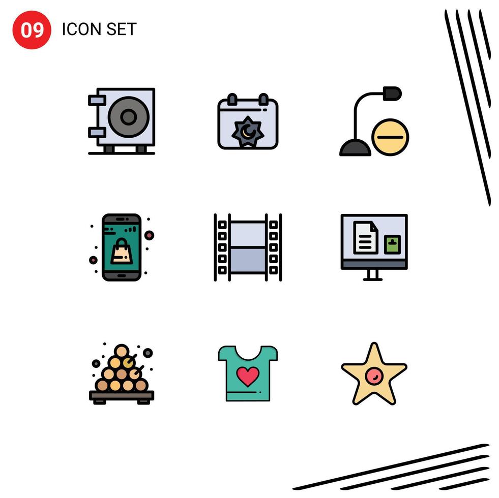 9 universale riga piena piatto colore segni simboli di media in linea App dispositivi shopping Borsa modificabile vettore design elementi