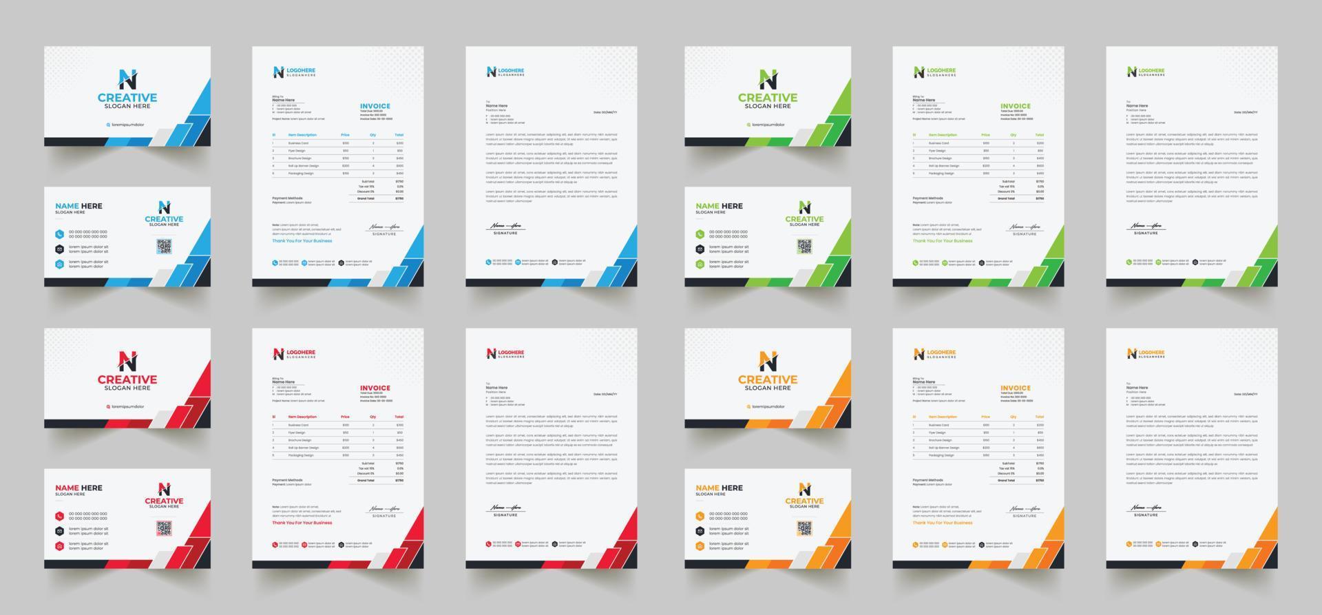 aziendale il branding identità design include attività commerciale carta, fatture, carta intestata disegni, e moderno Stazionario confezioni con astratto modelli vettore