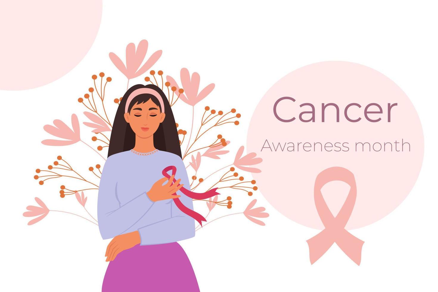 un' donna con un' rosa nastro su sua il petto è un' simbolo di il combattimento contro Seno cancro. cancro prevenzione concetto. piatto vettore illustrazione