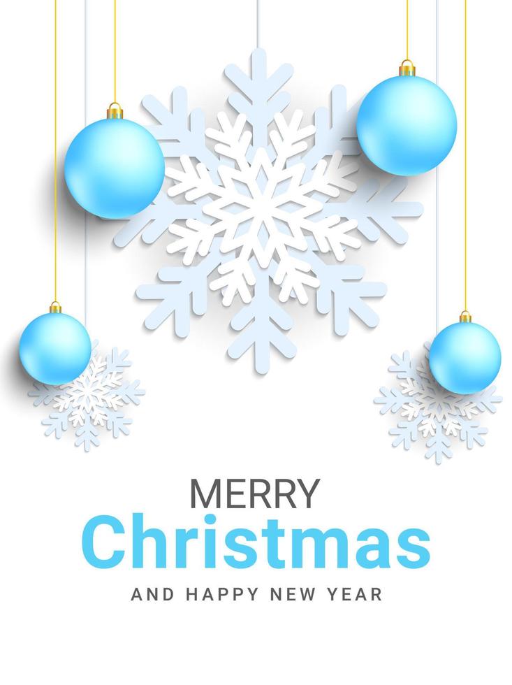 Natale e nuovo anno carta design. natale sfondo modello con lettering calligrafia elementi, blu palle e decorativo fiocco di neve ornamento. vettore illustrazione