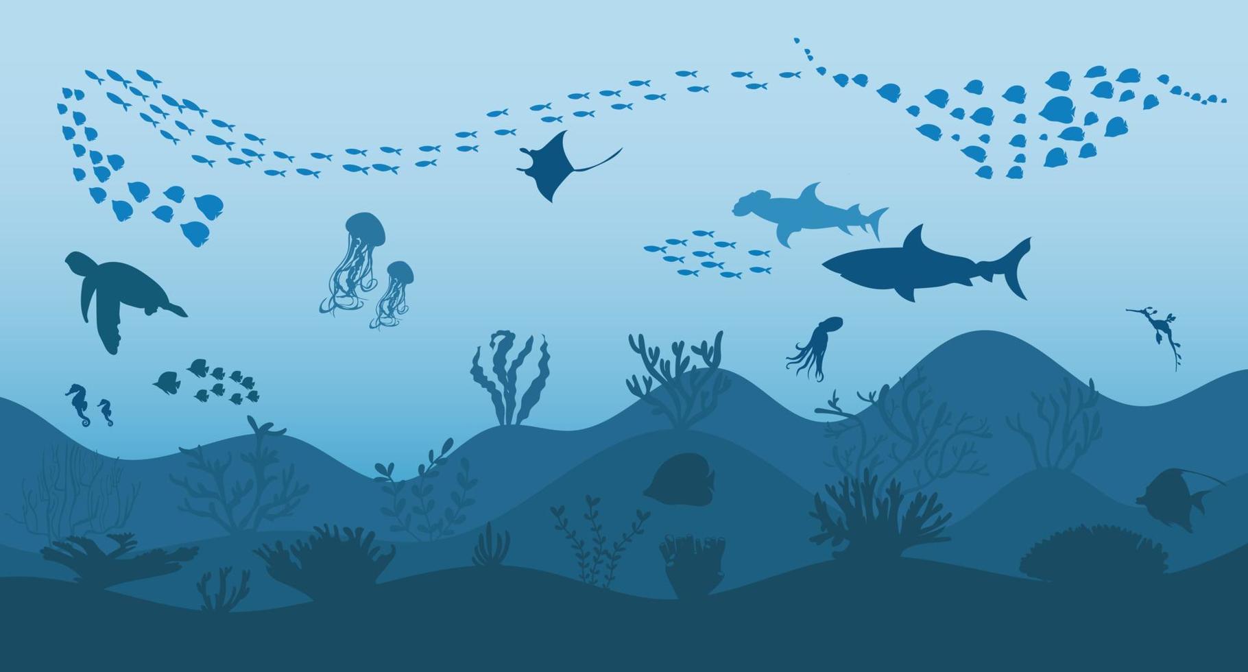 silhouette della barriera corallina con pesci su sfondo blu mare illustrazione vettoriale subacquea