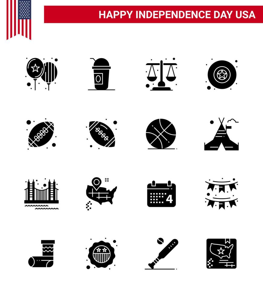 16 Stati Uniti d'America solido glifo segni indipendenza giorno celebrazione simboli di gli sport palla Tribunale stella distintivo modificabile Stati Uniti d'America giorno vettore design elementi