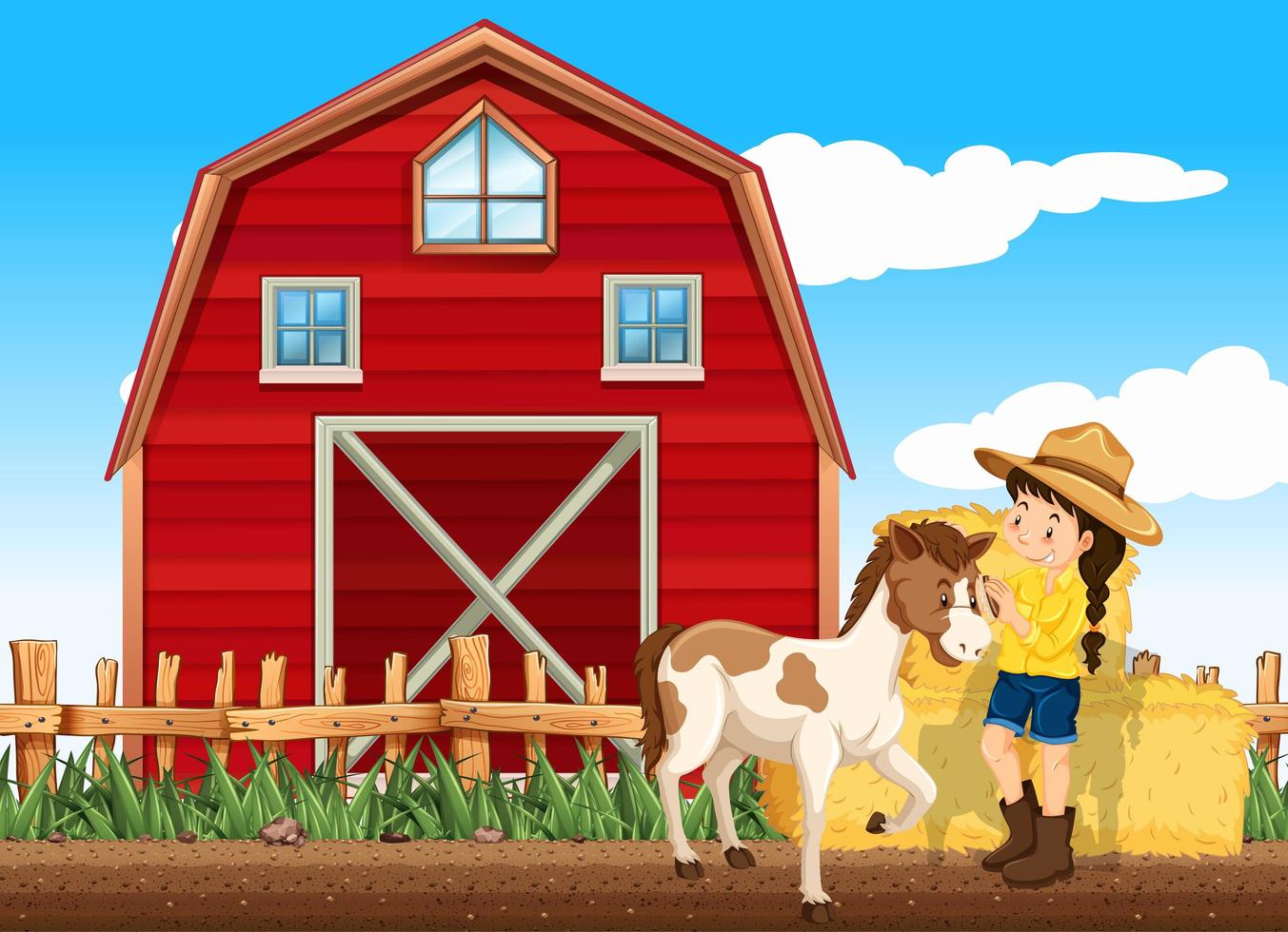 scena della fattoria con ragazza e cavallo nella fattoria vettore