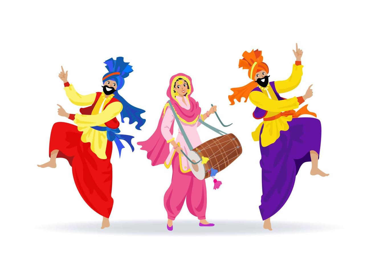 tre allegro sorridente sikh persone nel colorato Abiti, danza salto barbuto uomini nel turbanti, contento ridendo ragazza nel rosa punjabi completo da uomo giocando dhol tamburellare, festeggiare tradizionale Festival, nozze vettore
