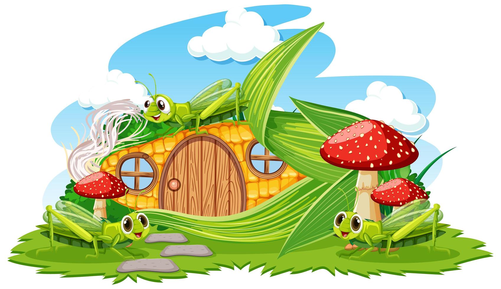 casa di mais con tre grasshoper in stile cartone animato su sfondo bianco vettore