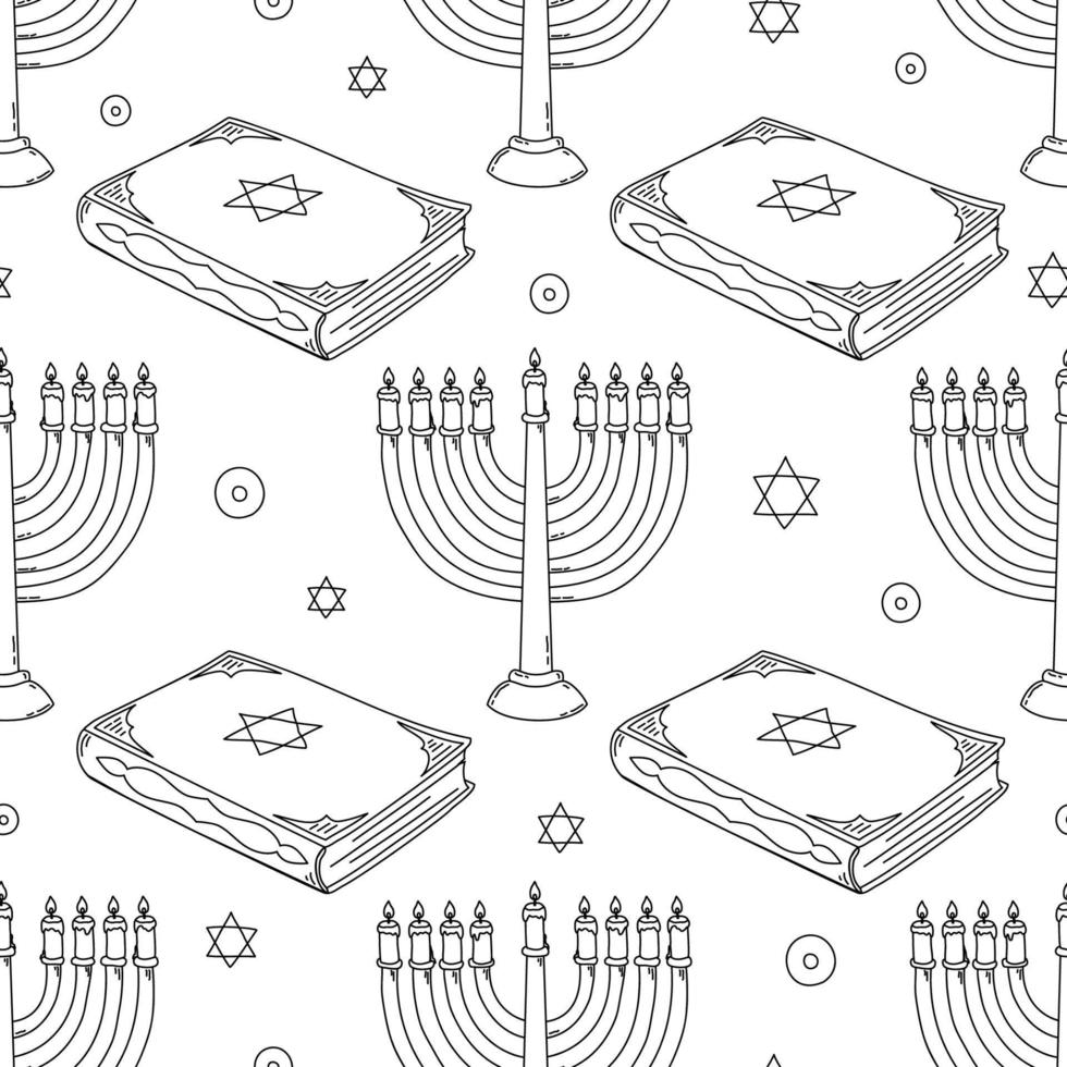 hanukkah nero e bianca senza soluzione di continuità modello con menorah e Torah. vettore mano disegnato illustrazione.