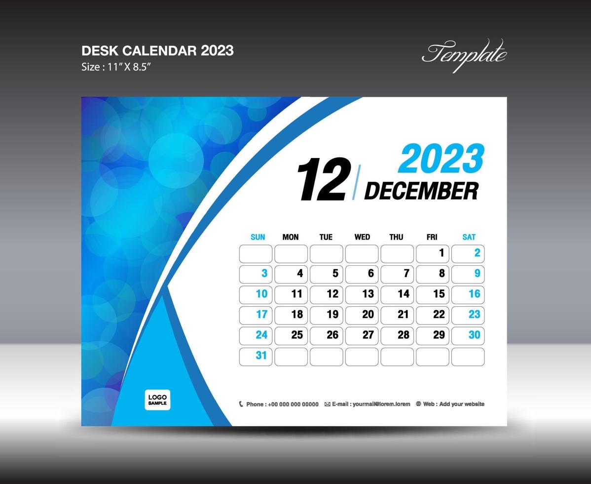 dicembre 2023 modello- scrivania calendario 2023 anno modello, parete calendario 2023 anno, settimana inizia domenica, progettista disegno, Stazionario disegno, aviatore disegno, stampa media, blu curva backgrund vettore