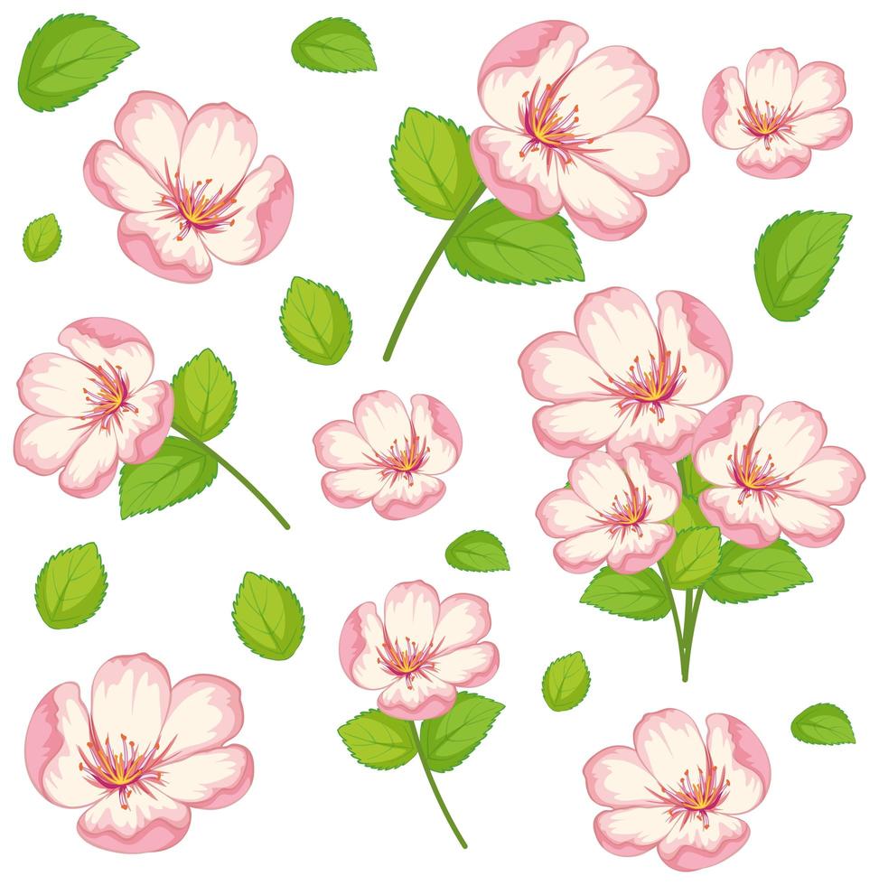 set di graziosi fiori rosa e foglie vettore