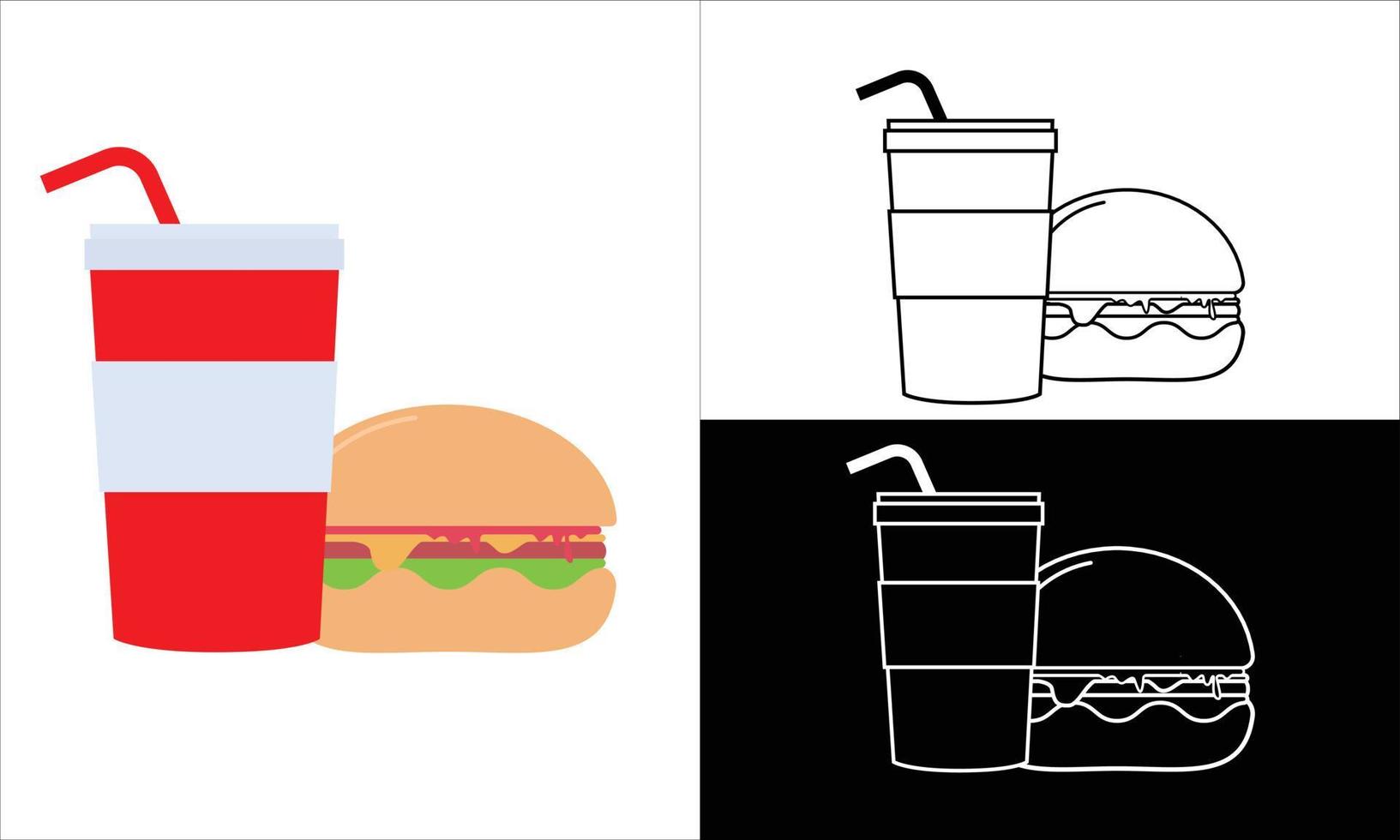 Rifiuto cibo veloce cibo hamburger e bibita bevanda icona piatto icona vettore