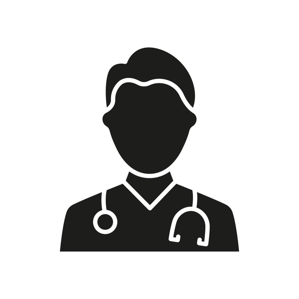 professionale medico con stetoscopio silhouette icona. maschio medici specialista e assistente glifo nero pittogramma. isolato vettore illustrazione.
