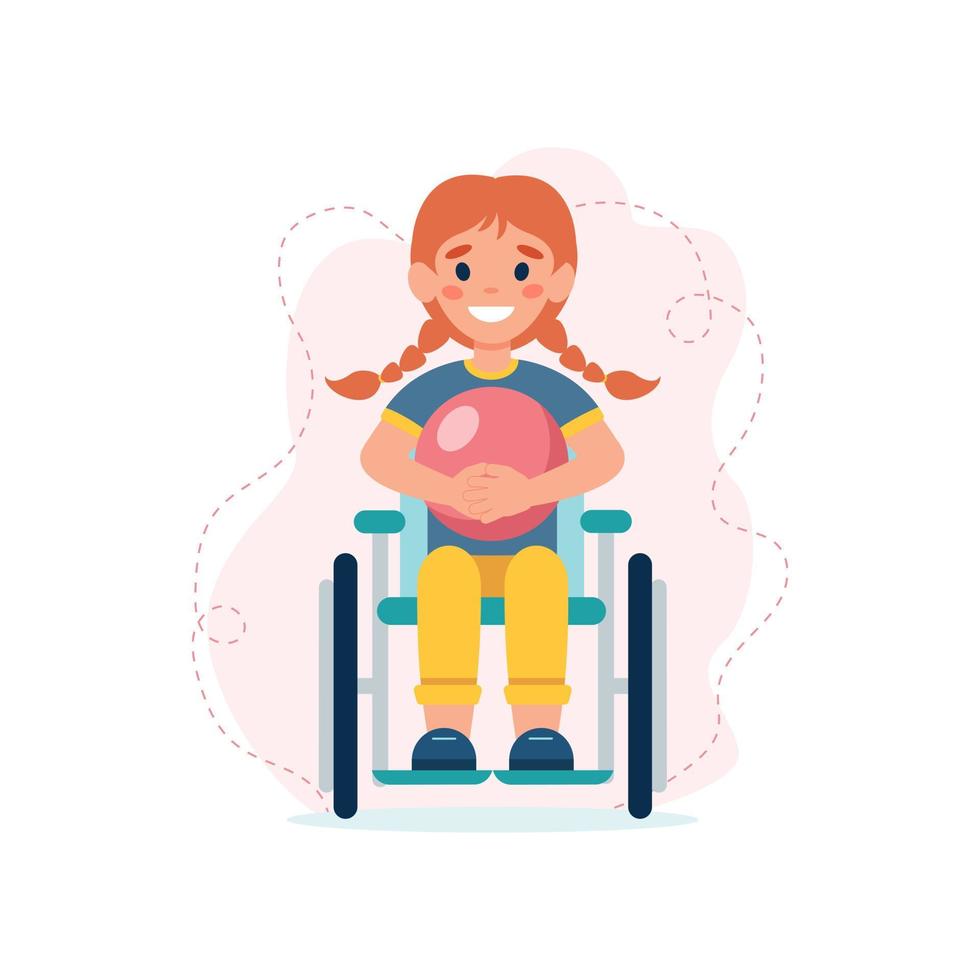 ragazza nel sedia a rotelle. sorridente bambino con disabilità Tenere rosso sfera. concetto di formazione scolastica, gli sport, sociale adattamento di persone con disabilità. pari opportunità. inclusività. vettore illustrazione
