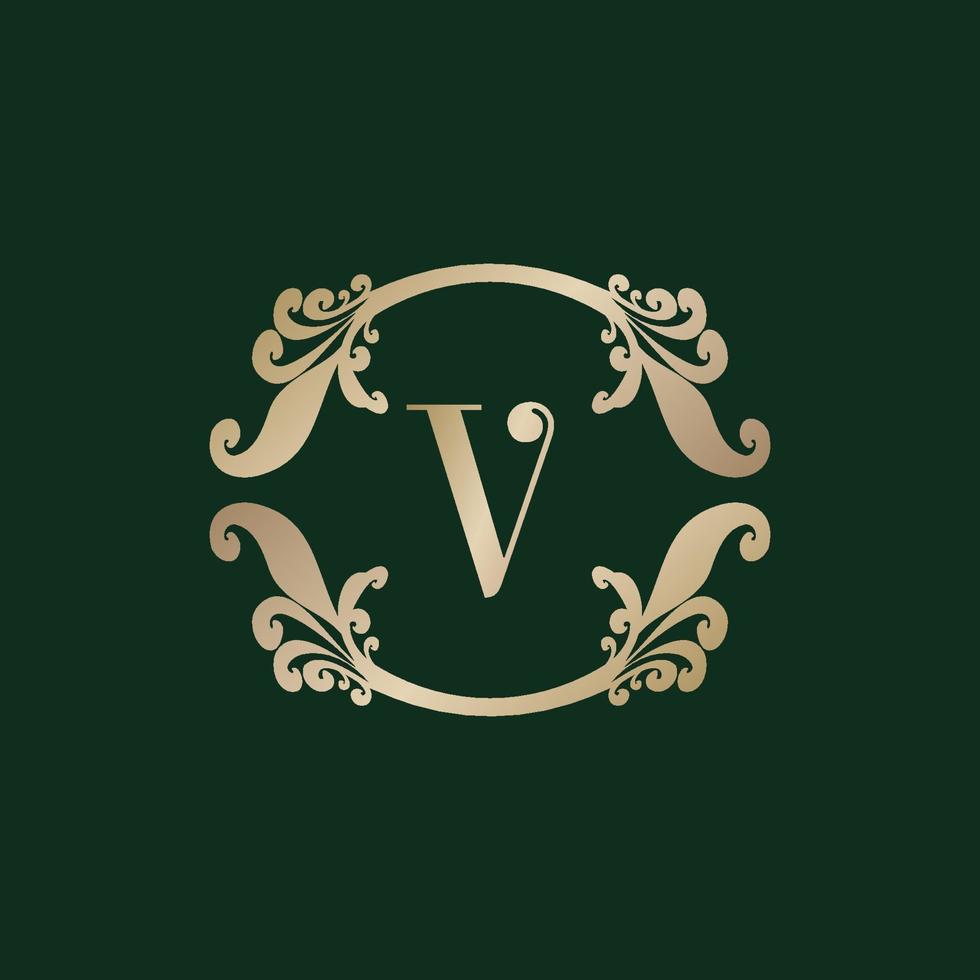 lettera v alfabeto logo con lusso decorativo d'oro telaio. elegante arricciare floreale ornamento. vettore