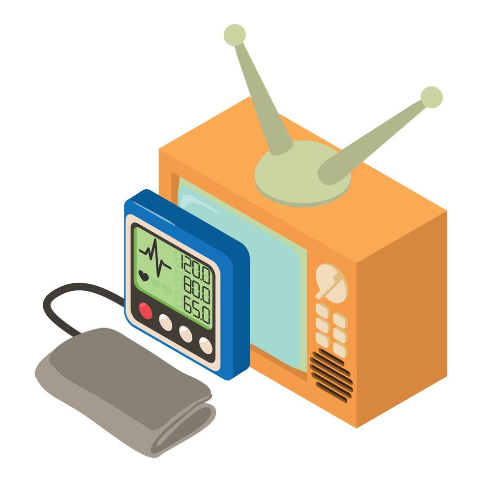 pressione controllo icona isometrico vettore. moderno sangue pressione tenere sotto controllo retrò tv vettore