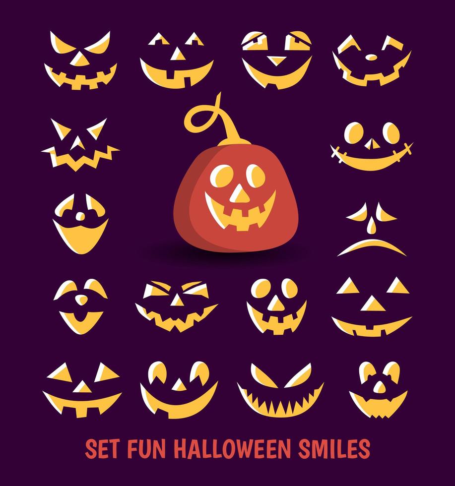 illustrazione di divertenti sorrisi di zucca. designer del simbolo di uno sfondo viola scuro con vari occhi, naso e sorriso. il simbolo principale della festa internazionale è il felice Halloween. vettore