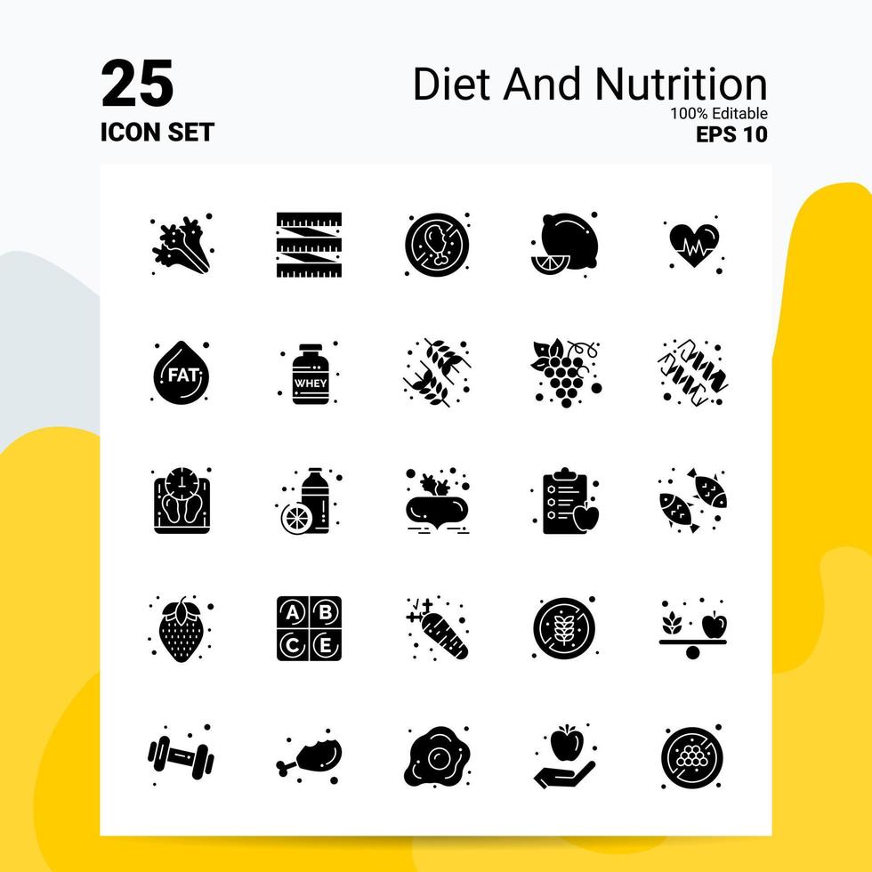 25 dieta e nutrizione icona impostato 100 modificabile eps 10 File attività commerciale logo concetto idee solido glifo icona design vettore