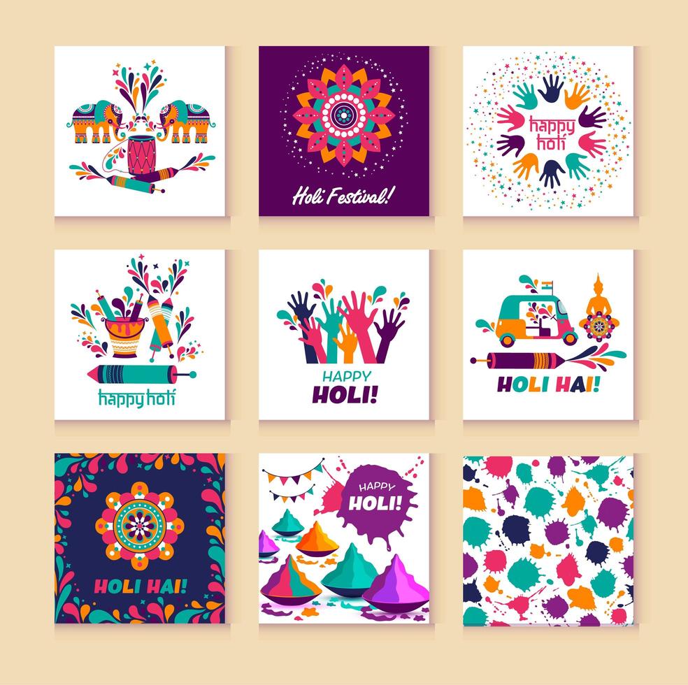 felice elementi vettoriali holi per la progettazione di carte, felice design holi con icona colorata su 9 carte