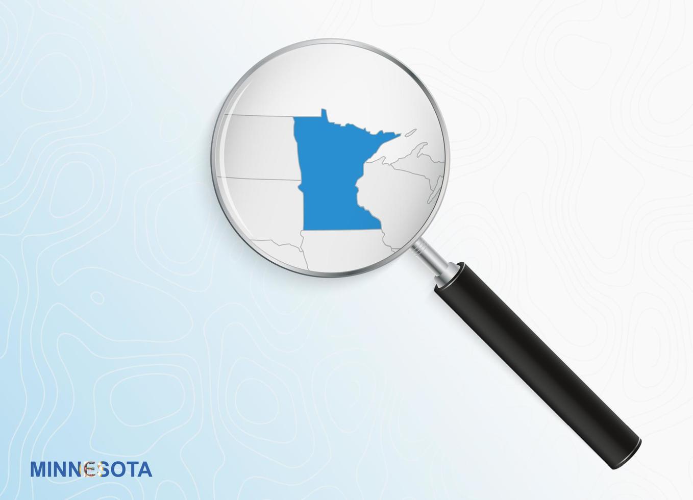 lente d'ingrandimento con carta geografica di Minnesota su astratto topografica sfondo. vettore