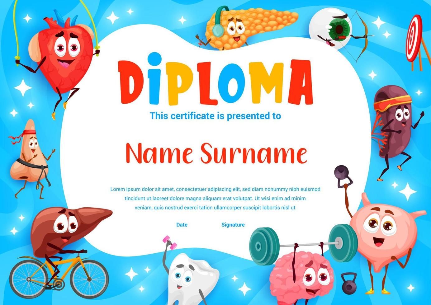 bambini diploma cartone animato divertente umano organi sportivi vettore