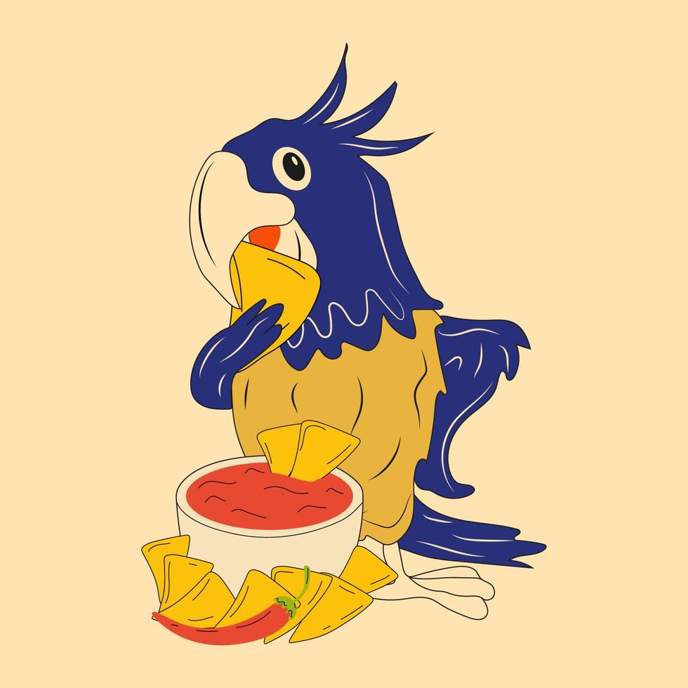 un' pappagallo portafortuna mangia nachos. messicano nachos patatine fritte veloce cibo merenda vettore