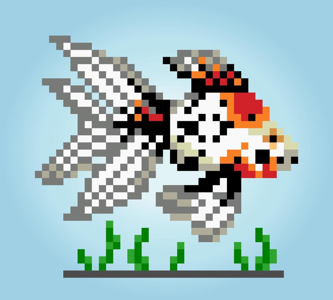 Pesce d'oro a 8 bit pixel. animale per risorse di gioco e schemi a punto croce nelle illustrazioni vettoriali. vettore