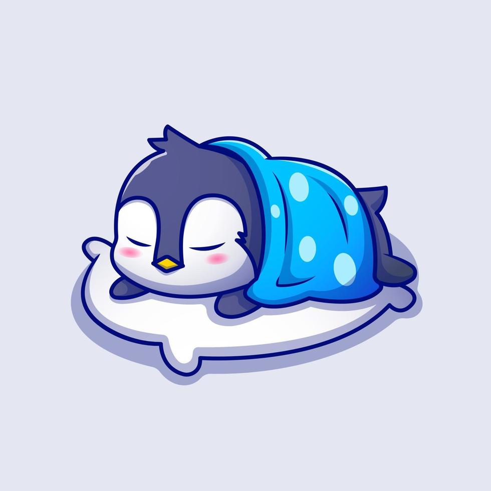 carino pinguino addormentato su cuscino con coperta cartone animato vettore icona illustrazione. animale dormire icona concetto isolato premio vettore. piatto cartone animato stile