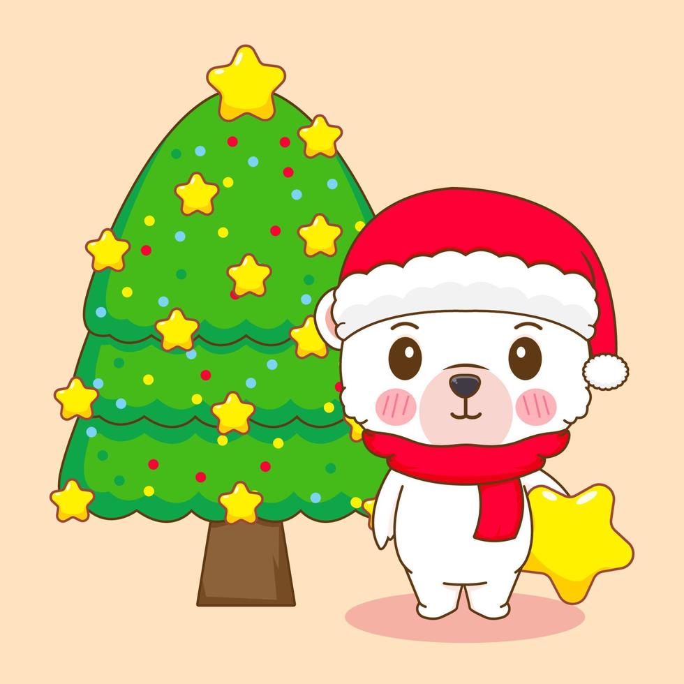 mano disegnato carino polare orso indossa Santa cappello con Natale albero cartone animato. kawaii animale carattere. allegro Natale saluti carta vettore