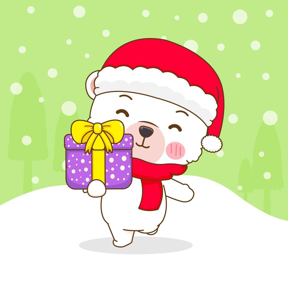 mano disegnato carino polare orso indossa Santa cappello con regalo Natale stagione cartone animato. kawaii animale carattere. allegro Natale saluti carta vettore