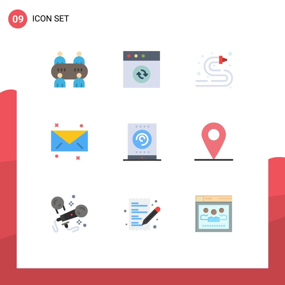 mobile interfaccia piatto colore impostato di 9 pittogrammi di Posizione streaming acqua Radio e-mail modificabile vettore design elementi