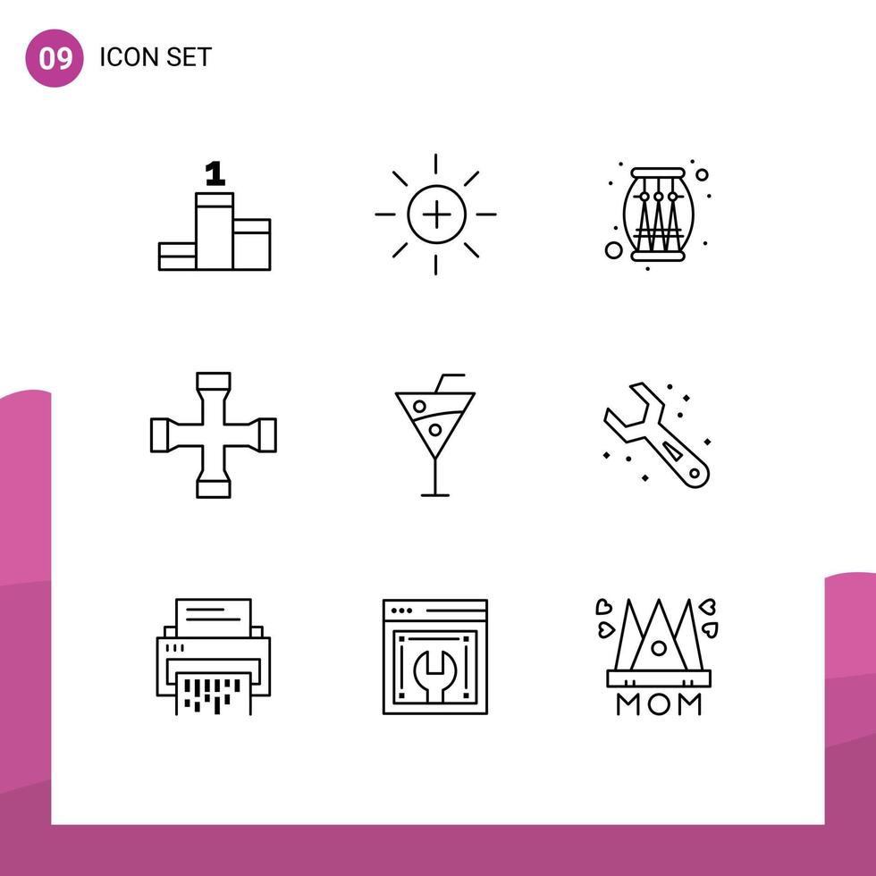 impostato di 9 commerciale lineamenti imballare per bevanda spiaggia musica mezzi di trasporto attraversare chiave inglese modificabile vettore design elementi