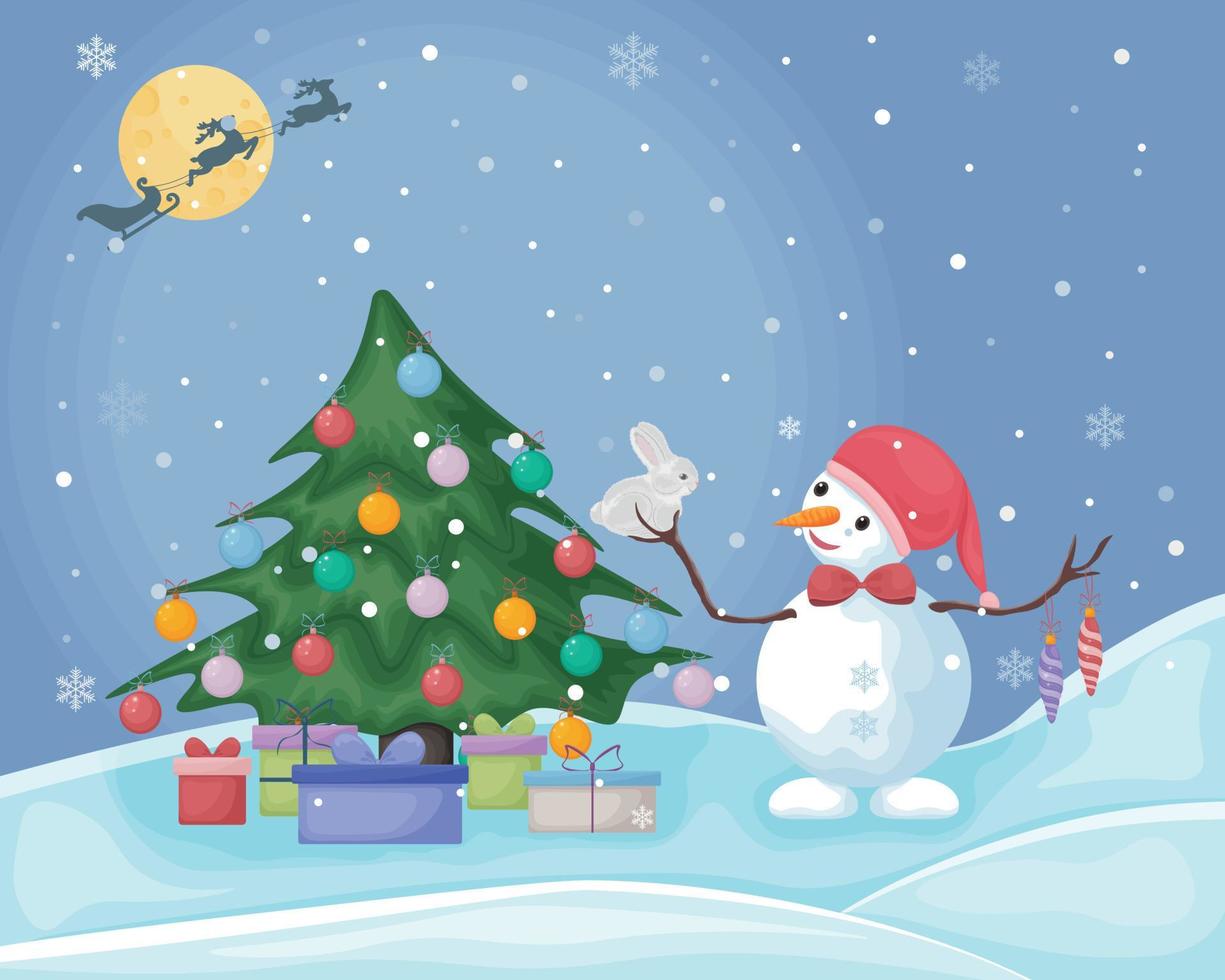 un' pupazzo di neve vicino il Natale albero. carino Natale illustrazione con un' immagine di un' pupazzo di neve in piedi vicino un' Natale albero con i regali e Tenere un' bianca coniglio nel il suo mani. vettore illustrazione