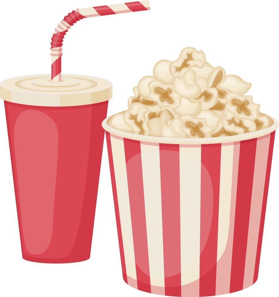 Popcorn e carbonato bere. un' grande secchio di Popcorn e un' bicchiere di bibita. veloce cibo. cibo per Guardando film. vettore illustrazione isolato su un' bianca sfondo vettore illustrazione