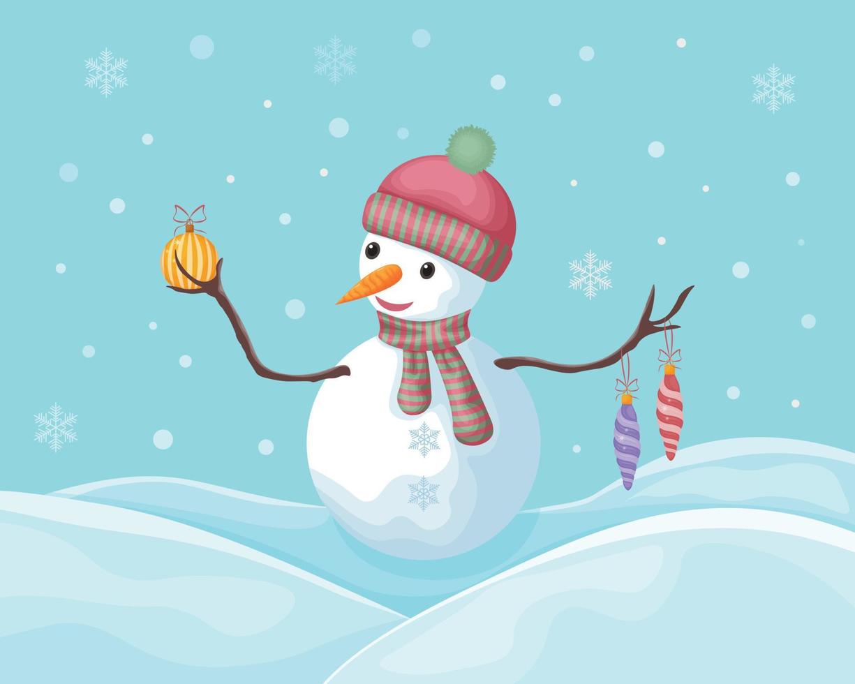 il pupazzo di neve. inverno illustrazione raffigurante un' carino pupazzo di neve con Natale albero giocattoli. un' allegro pupazzo di neve nel un' cappello e sciarpa. Natale illustrazione vettore