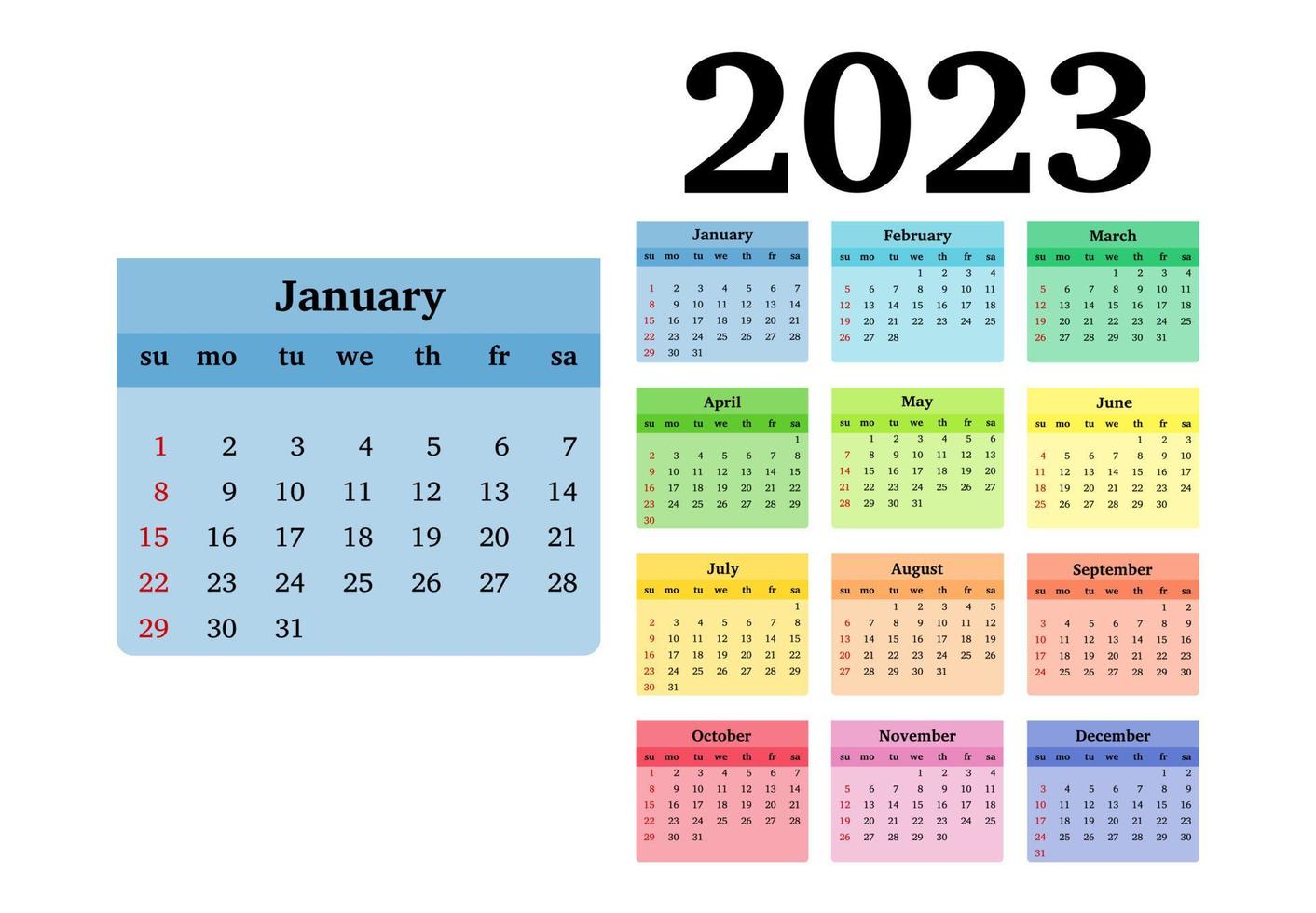 calendario per il 2023 isolato su sfondo bianco. da domenica a lunedì, modello di business. illustrazione vettoriale