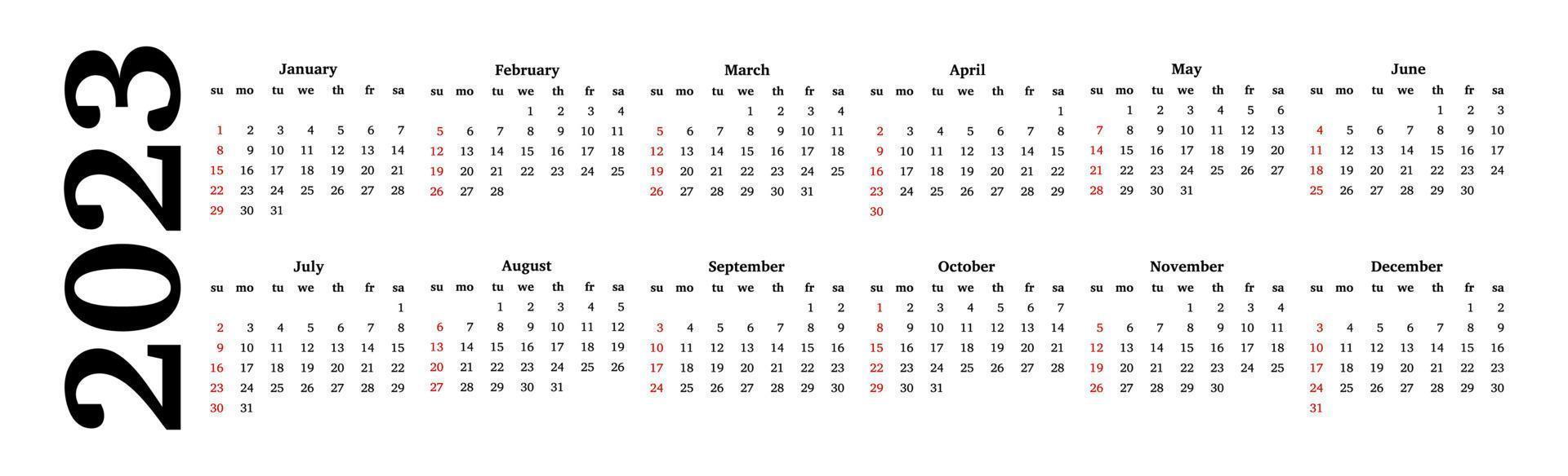 orizzontale calendario per 2023 isolato su un' bianca sfondo. Domenica per lunedì, attività commerciale modello. vettore illustrazione