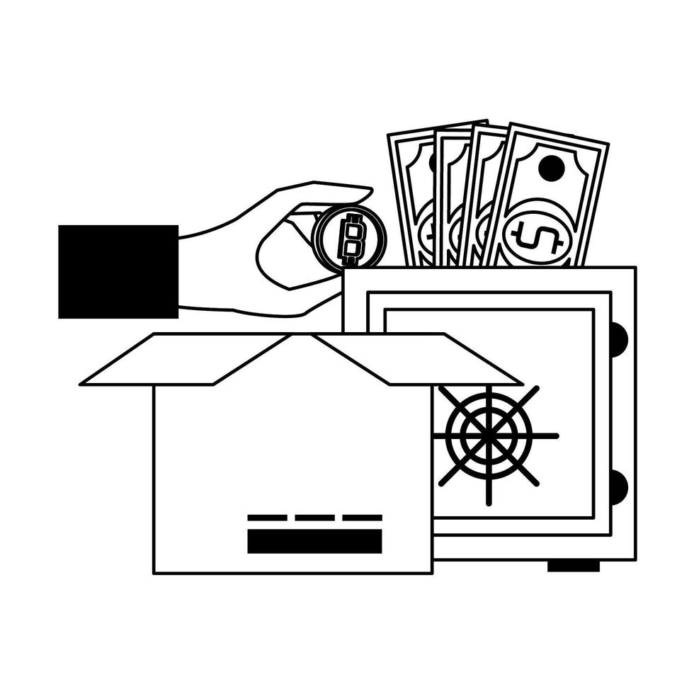 simboli di pagamento online di criptovaluta bitcoin in bianco e nero vettore