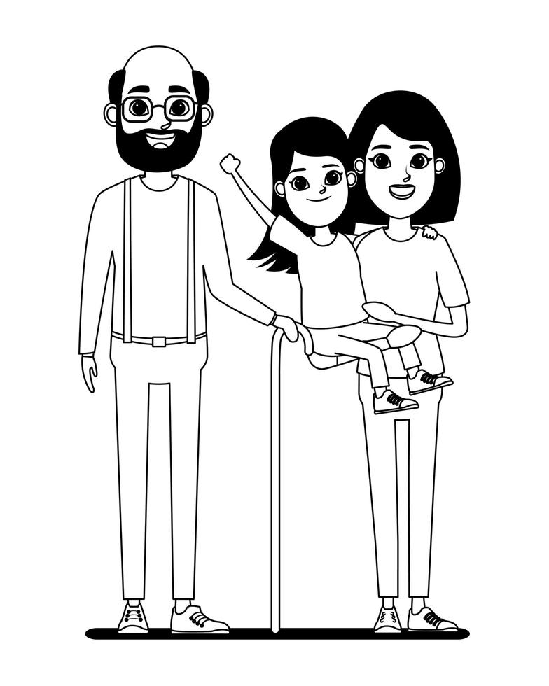 personaggi dei cartoni animati di famiglia in bianco e nero vettore