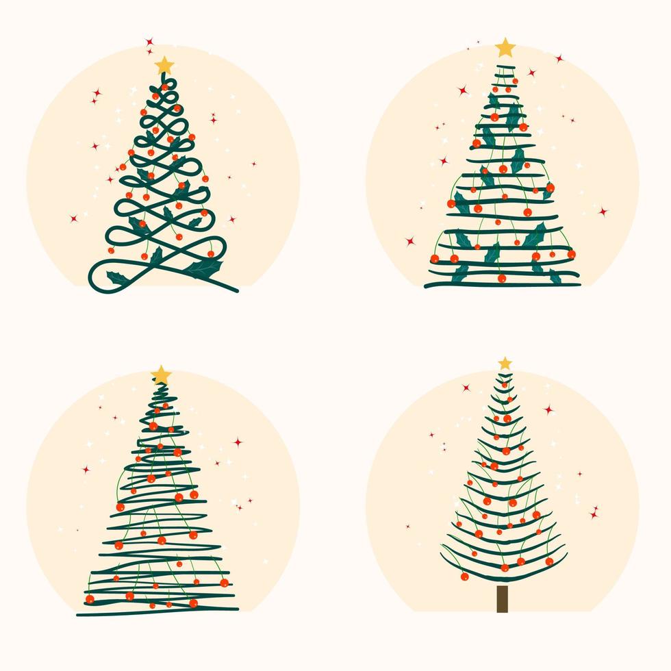 decorato Natale albero impostato con Natale palle e stelle mano disegnato piatto illustrazione su bianca sfondo vettore