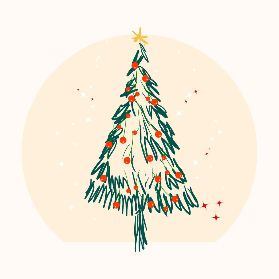 decorato Natale albero con Natale palle e stelle mano disegnato piatto illustrazione su bianca sfondo vettore