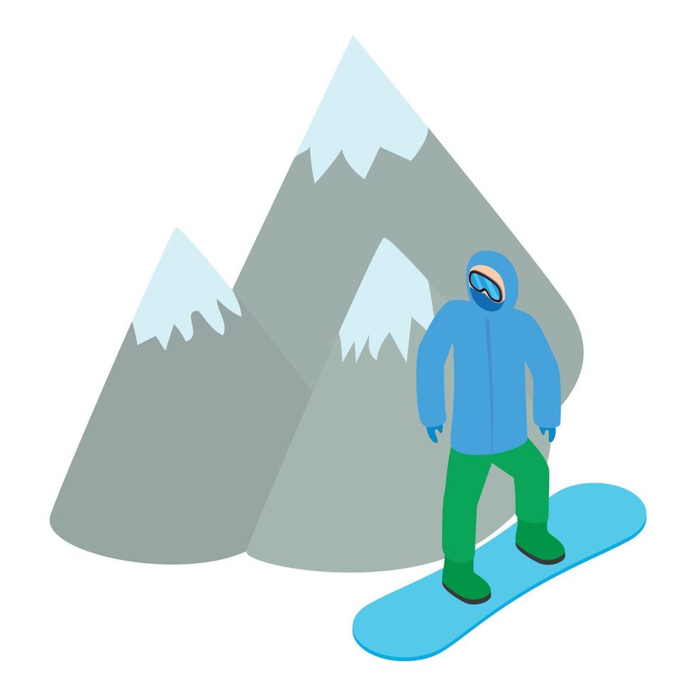 snowboarder icona isometrico vettore. sportivo su sfondo di nevoso montagna vettore