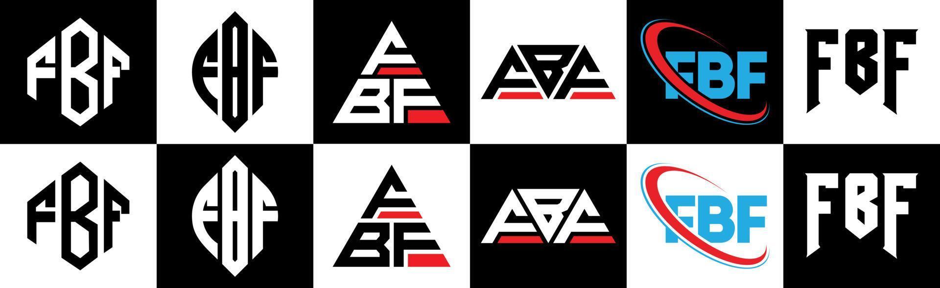 fbf lettera logo design nel sei stile. fbf poligono, cerchio, triangolo, esagono, piatto e semplice stile con nero e bianca colore variazione lettera logo impostato nel uno tavola da disegno. fbf minimalista e classico logo vettore