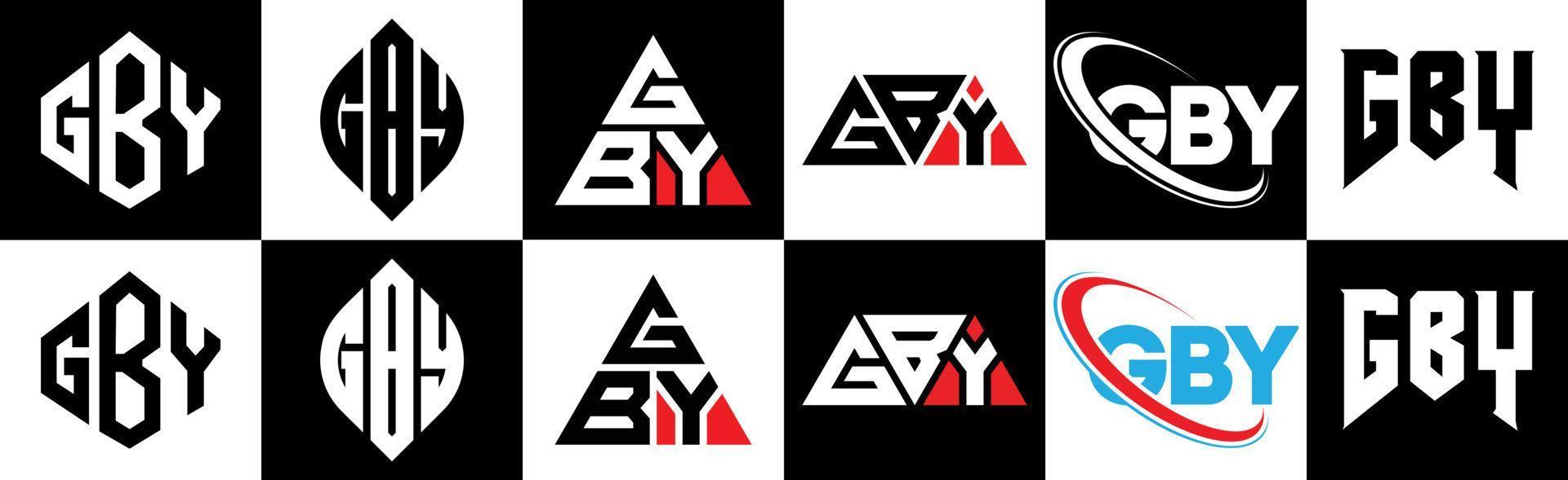 gby lettera logo design nel sei stile. gby poligono, cerchio, triangolo, esagono, piatto e semplice stile con nero e bianca colore variazione lettera logo impostato nel uno tavola da disegno. gby minimalista e classico logo vettore