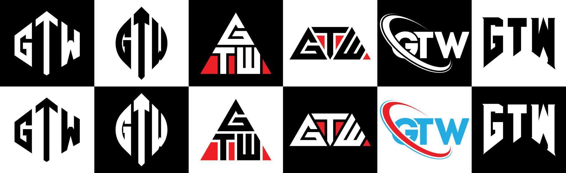 gtw lettera logo design nel sei stile. gtw poligono, cerchio, triangolo, esagono, piatto e semplice stile con nero e bianca colore variazione lettera logo impostato nel uno tavola da disegno. gtw minimalista e classico logo vettore