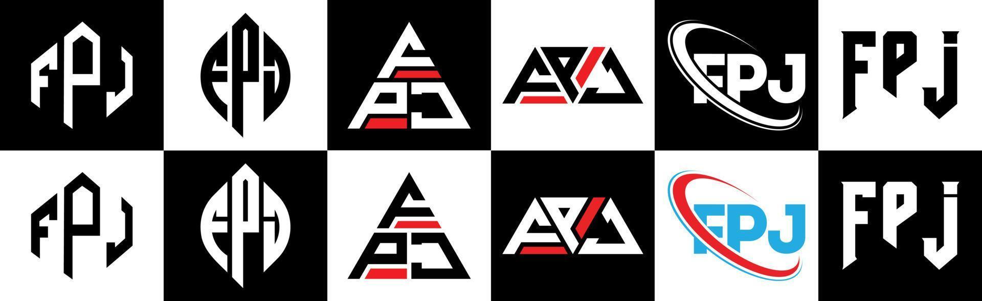 fpj lettera logo design nel sei stile. fpj poligono, cerchio, triangolo, esagono, piatto e semplice stile con nero e bianca colore variazione lettera logo impostato nel uno tavola da disegno. fpj minimalista e classico logo vettore