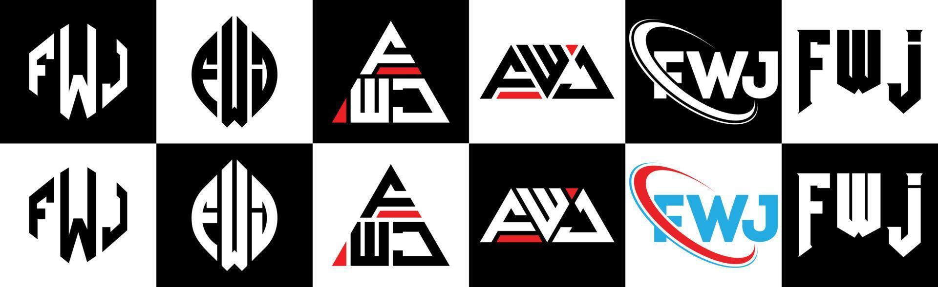 fwj lettera logo design nel sei stile. fwj poligono, cerchio, triangolo, esagono, piatto e semplice stile con nero e bianca colore variazione lettera logo impostato nel uno tavola da disegno. fwj minimalista e classico logo vettore