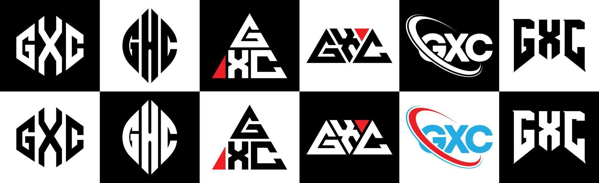 gxc lettera logo design nel sei stile. gxc poligono, cerchio, triangolo, esagono, piatto e semplice stile con nero e bianca colore variazione lettera logo impostato nel uno tavola da disegno. gxc minimalista e classico logo vettore