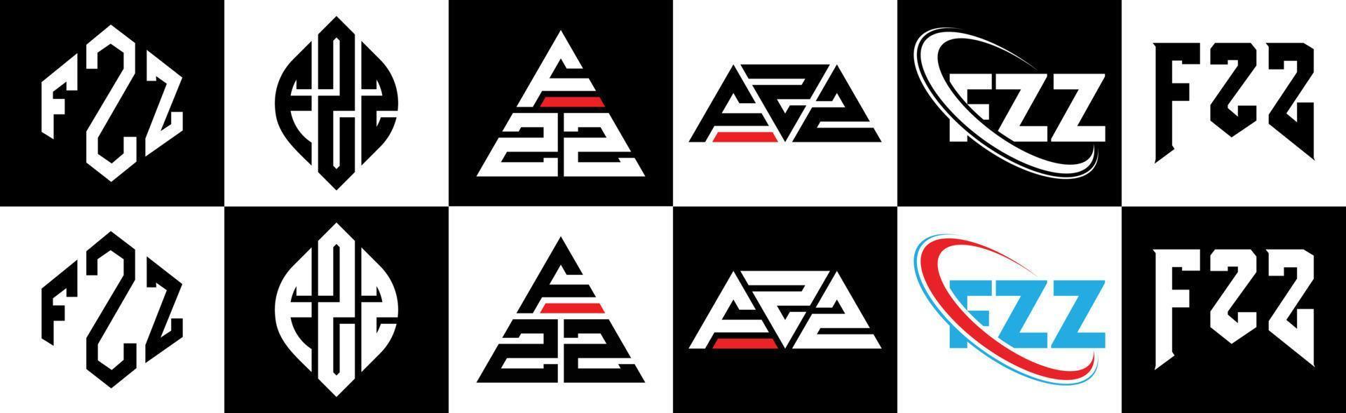 fzz lettera logo design nel sei stile. fzz poligono, cerchio, triangolo, esagono, piatto e semplice stile con nero e bianca colore variazione lettera logo impostato nel uno tavola da disegno. fzz minimalista e classico logo vettore