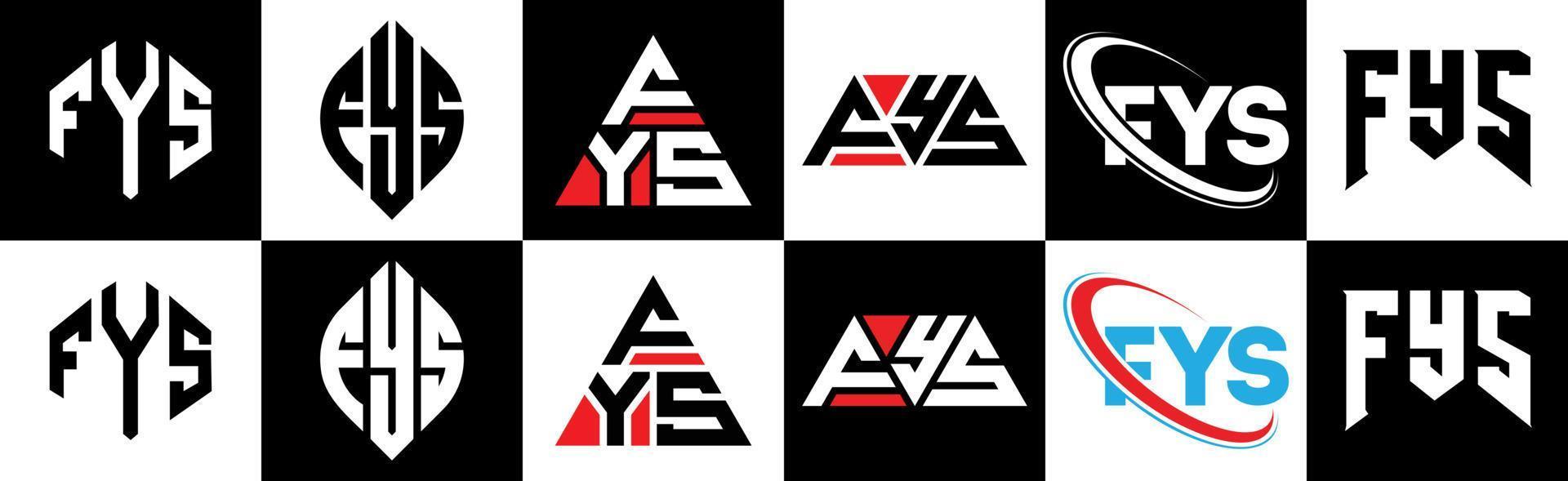 fys lettera logo design nel sei stile. fys poligono, cerchio, triangolo, esagono, piatto e semplice stile con nero e bianca colore variazione lettera logo impostato nel uno tavola da disegno. fys minimalista e classico logo vettore